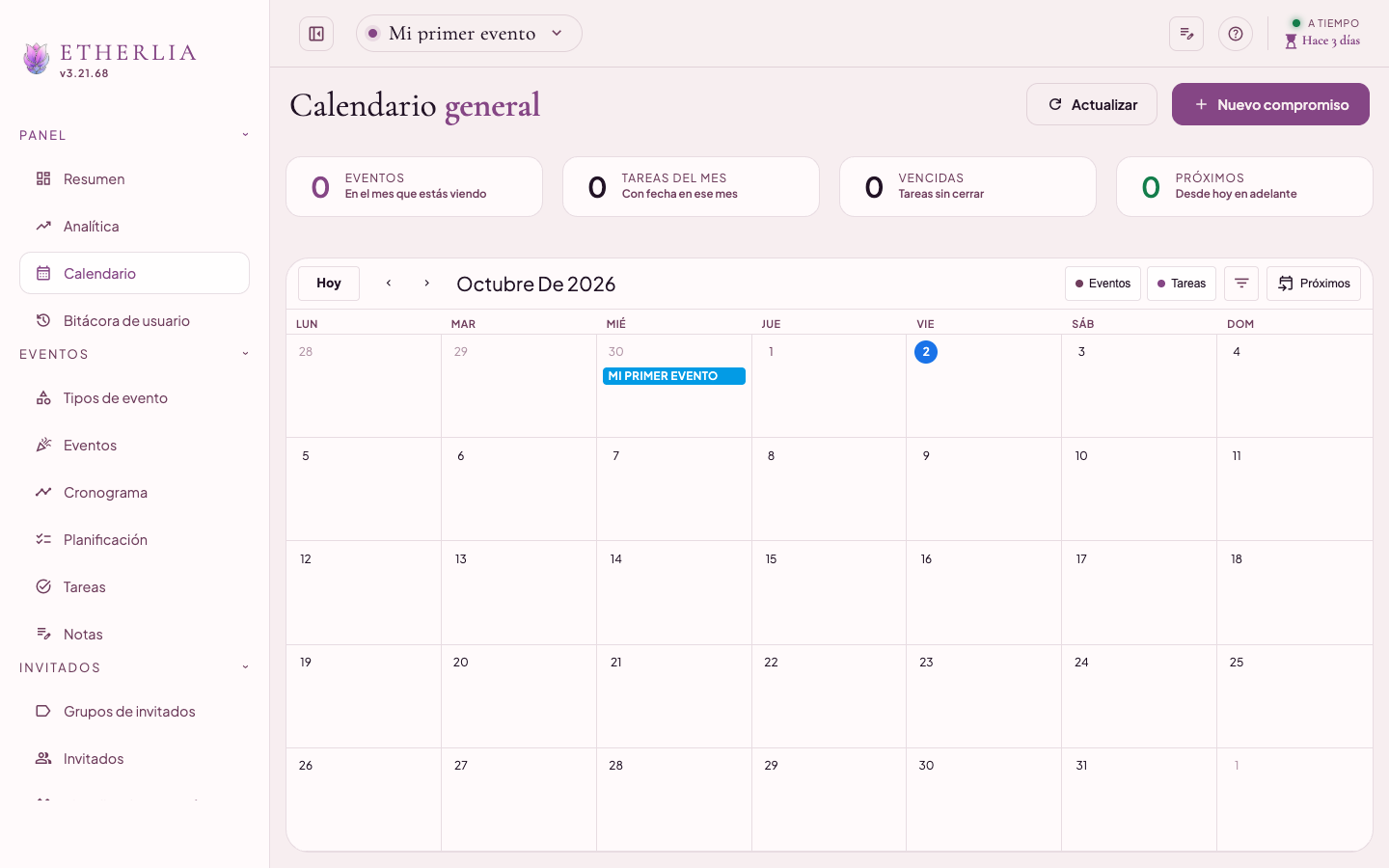 Calendario con los eventos de la operación
